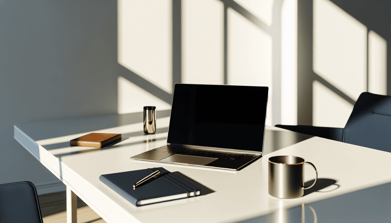 Executive desk scene with nineteen AI tool icons managing meetings, inbox, briefings, and decisions