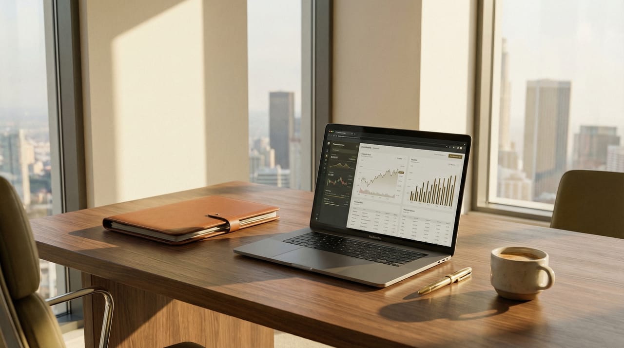 Financial advisor desk with twenty AI tool icons handling portfolios, client meetings, and compliance