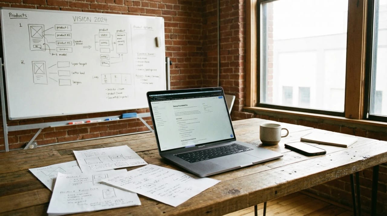 Startup founder workspace with twenty AI tool icons covering hiring, fundraising, sales, and product tasks
