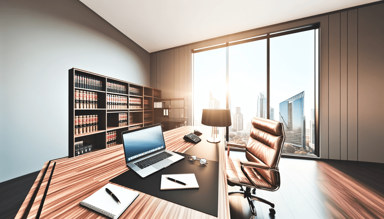 Lawyer's desk with eighteen AI tool icons handling research, drafting, billable hours, and client intake
