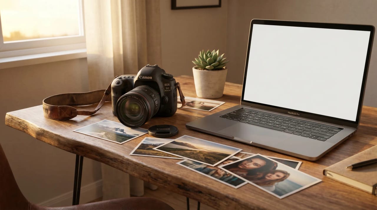Collage of camera, editing software icons, and AI assistant glyphs floating around a photographer's desk
