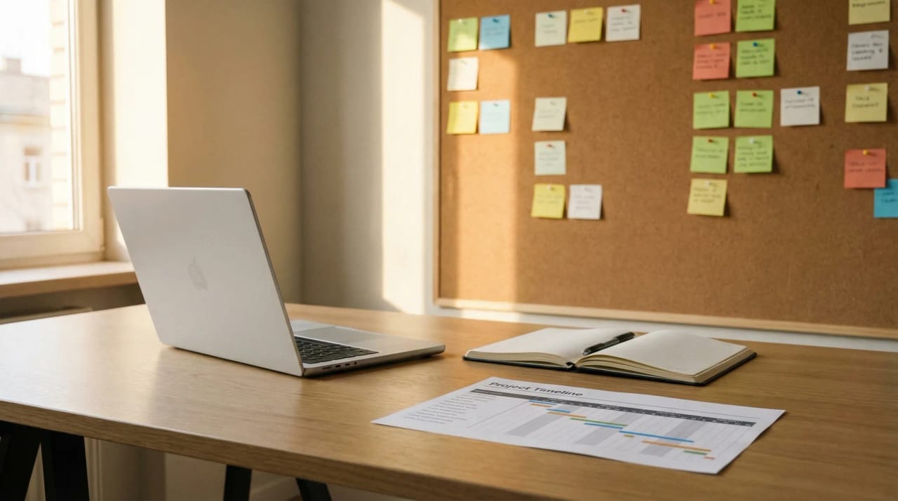 Grid of project management dashboards, Gantt charts, and AI assistant icons surrounding a project manager at a laptop