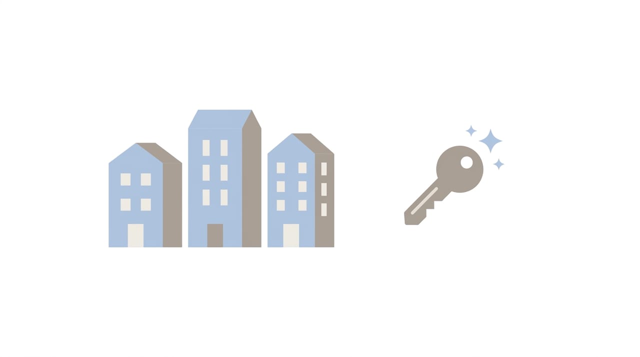 Property manager illustration with apartment building icons, an overflowing inbox, and AI assistant glyphs sorting messages