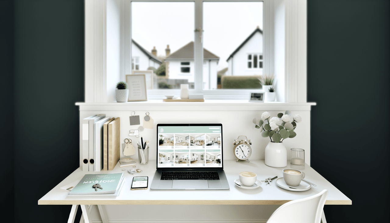 Real estate agent at a desk with house listings, a calendar of showings, and AI assistant icons floating above the workflow