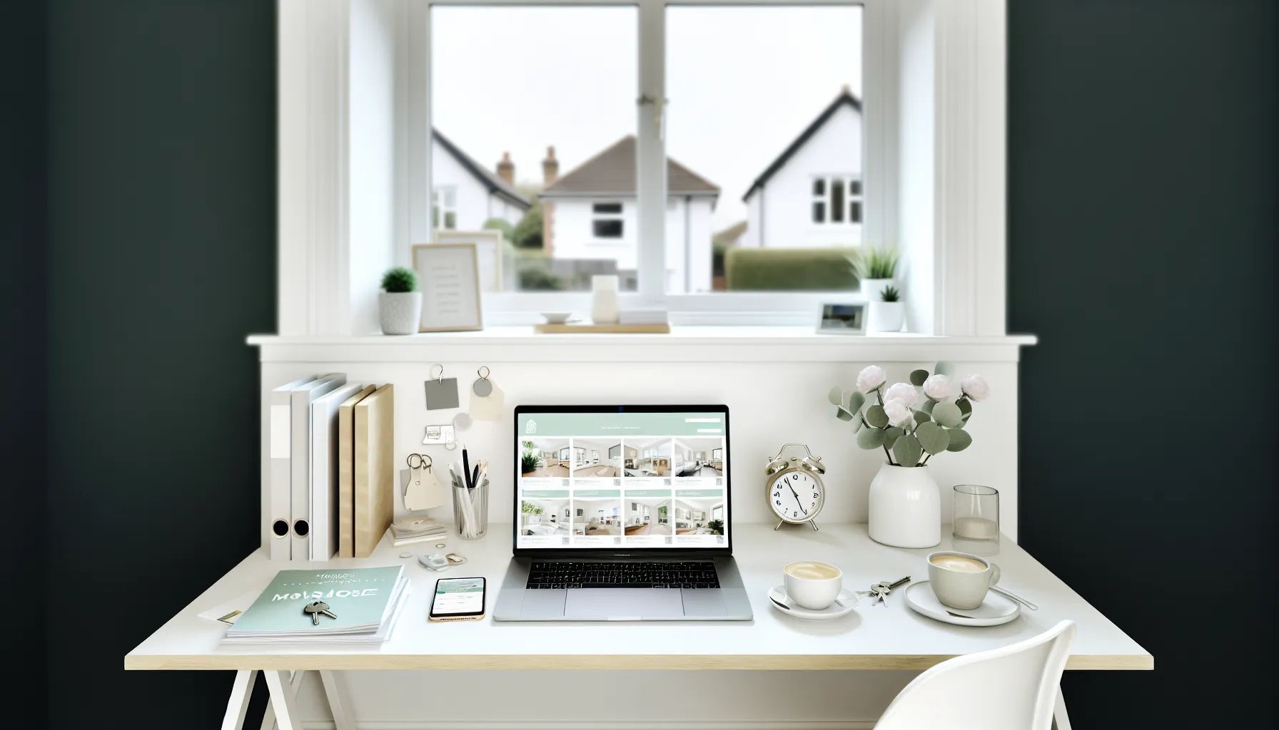 Real estate agent at a desk with house listings, a calendar of showings, and AI assistant icons floating above the workflow