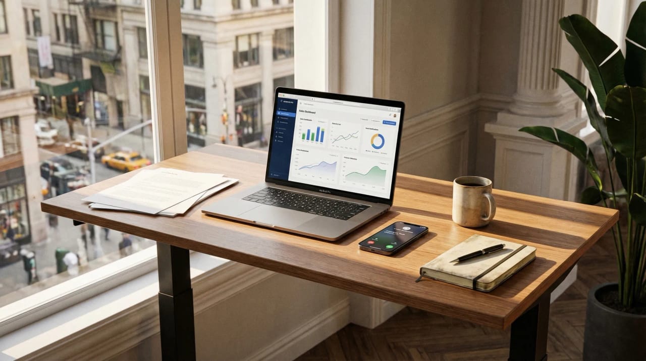 Sales rep illustration with CRM pipeline, dialer icons, calendar of demos, and AI assistant glyphs accelerating outreach