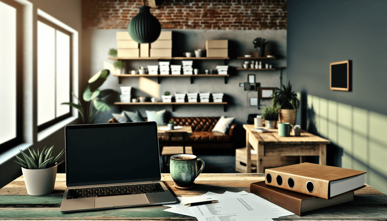 Small business owner at a counter surrounded by floating icons for accounting, scheduling, marketing, and AI assistants