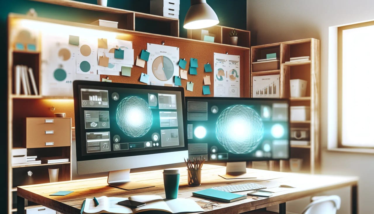 Solopreneur at a laptop with a halo of AI tool icons covering writing, scheduling, finance, and marketing tasks