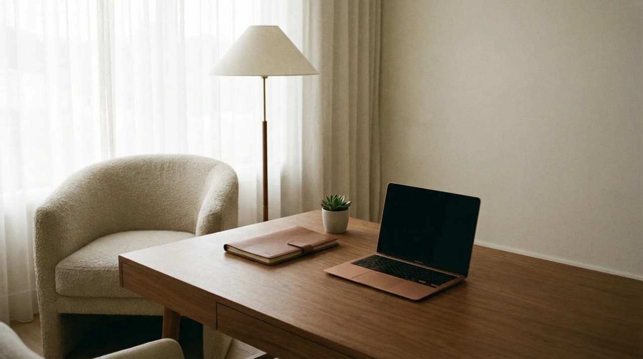 Therapist workspace illustration with calm session calendar, notes, and AI assistant icons handling intake and admin work