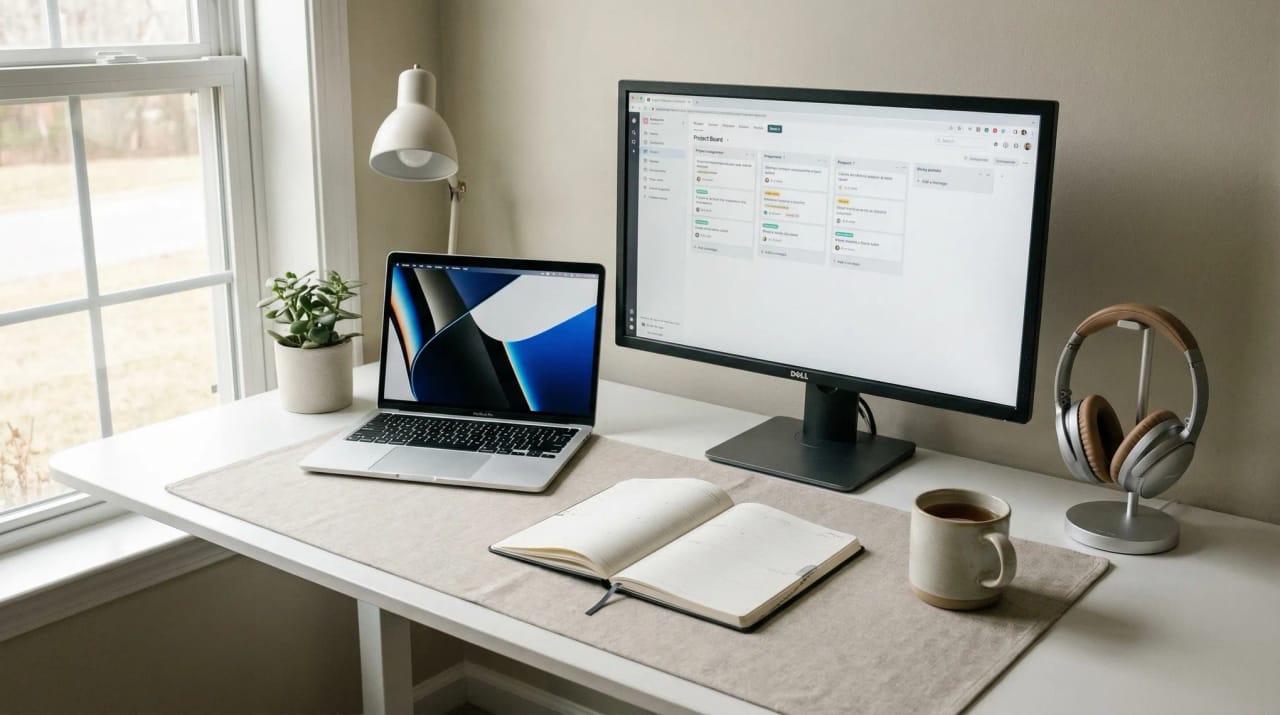 Virtual assistant at a desk surrounded by floating icons for inbox, calendar, CRM, and AI tools amplifying their workflow