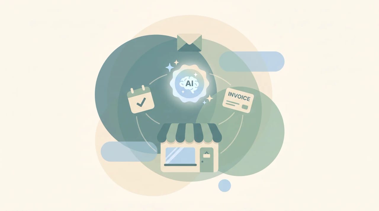 Small business owner with a friendly AI assistant avatar handling email, scheduling, and customer follow-ups