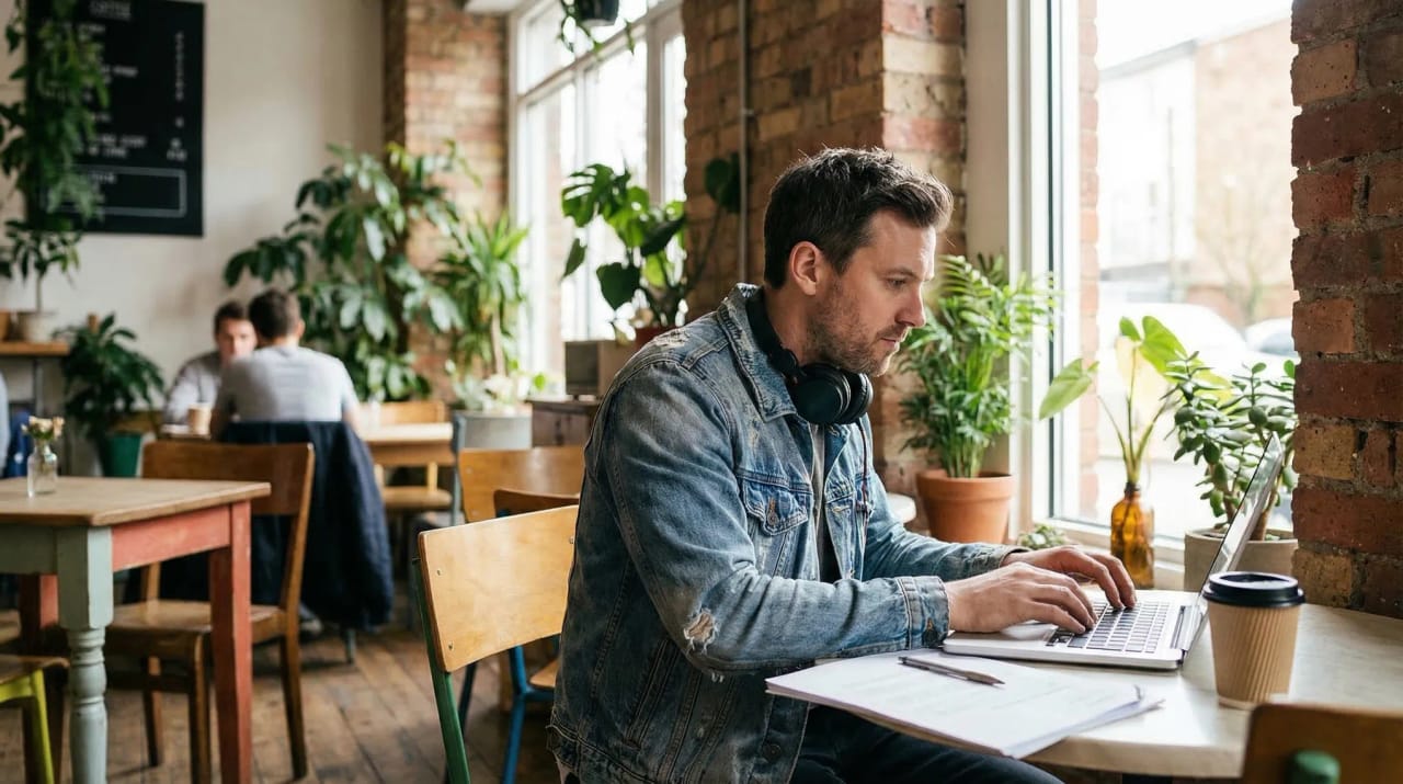 Freelancer at a laptop sharing a booking link with floating calendar slot cards and client avatars connecting to meetings