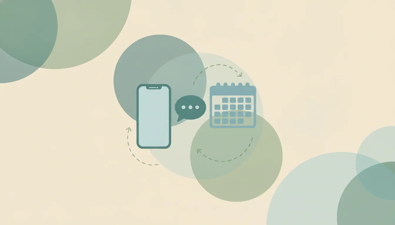 A mobile phone beside a chat bubble and a calendar grid, linked by dotted arrows over soft layered circles