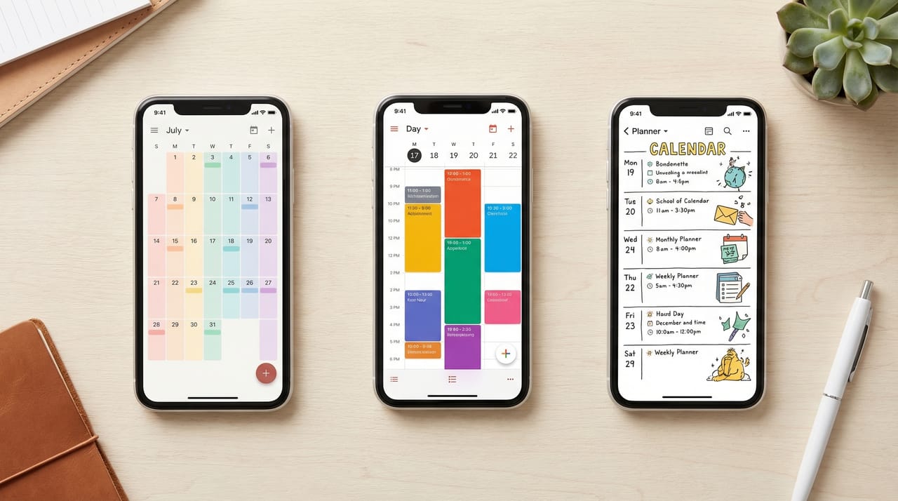 Collage of popular calendar app icons floating around an open laptop showing a weekly schedule view