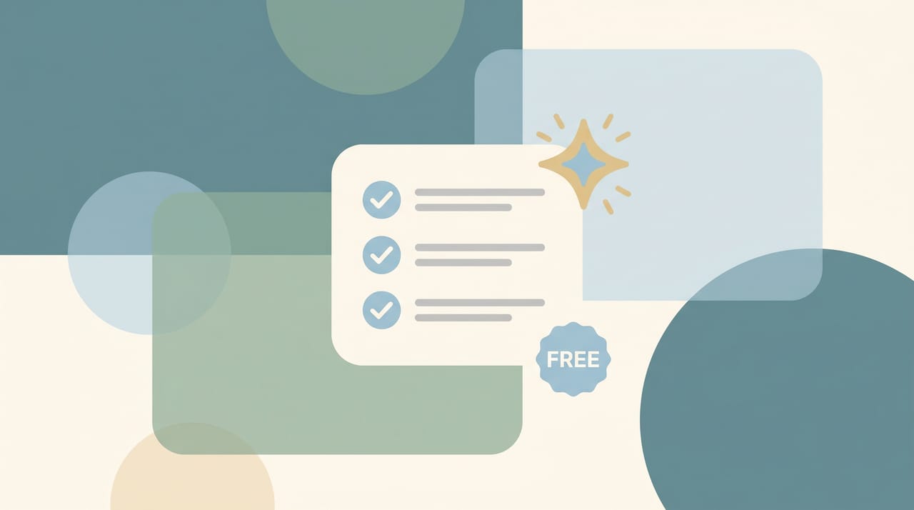 Free task manager illustration with check-marked task cards and an AI assistant icon sorting them on a clean board