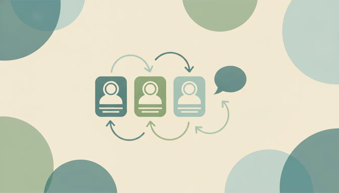 A row of rounded profile cards linked by curved arrows to a single speech bubble, over soft layered circles
