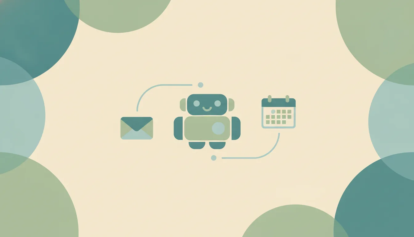 Rounded building blocks snapping together into a small robot-like shape, linked by curved lines to an envelope and a calendar, over soft layered circles