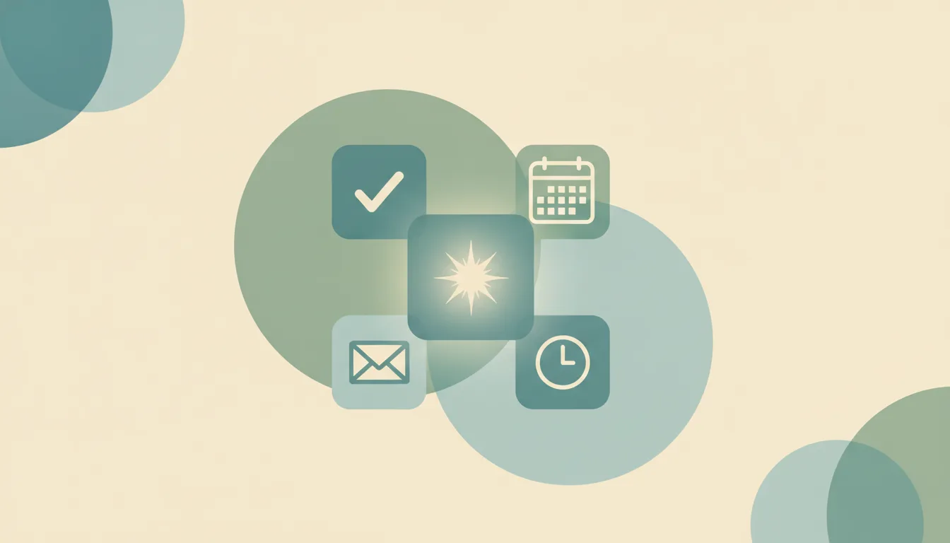 Abstract flat illustration of task, calendar, email and note tiles arranged around one central glowing assistant shape