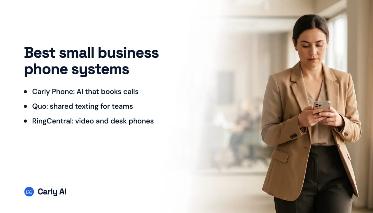 A person walking through an office on a phone call, beside the headline Best small business phone systems