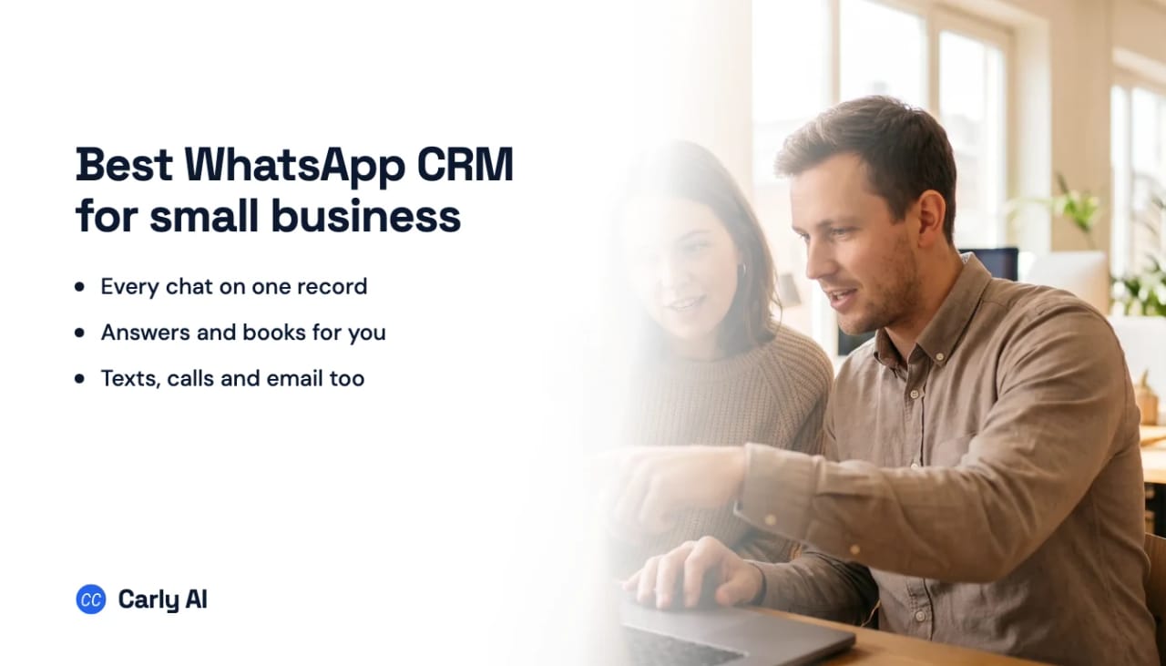 Two colleagues looking at a laptop screen together at an office table, beside the headline best WhatsApp CRM