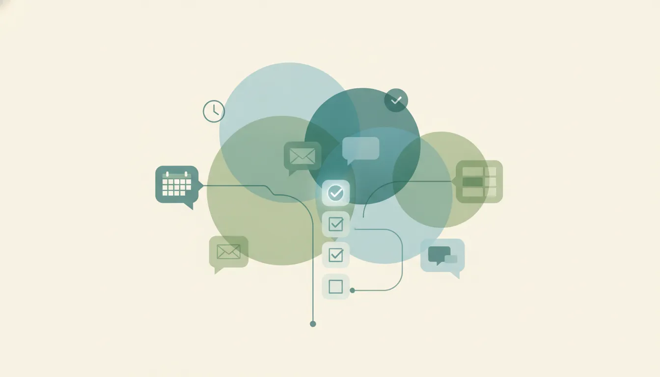 Illustration of a ranked task list assembling itself from connected app tiles for email, chat, and project boards, with alternative assistant icons alongside