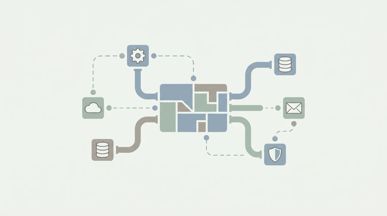 Pabbly Connect logo surrounded by alternative automation platform icons above a workspace with a laptop and connected app tiles
