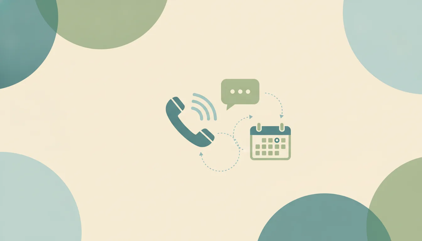 A ringing phone handset beside a chat bubble and a calendar grid, linked by dotted lines over soft layered circles