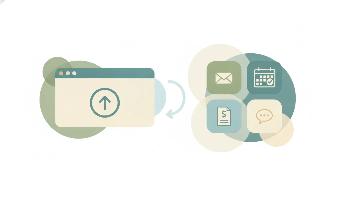 A finished app pointing to ops cards for inbox, calendar and invoices, illustrating running a business after launch