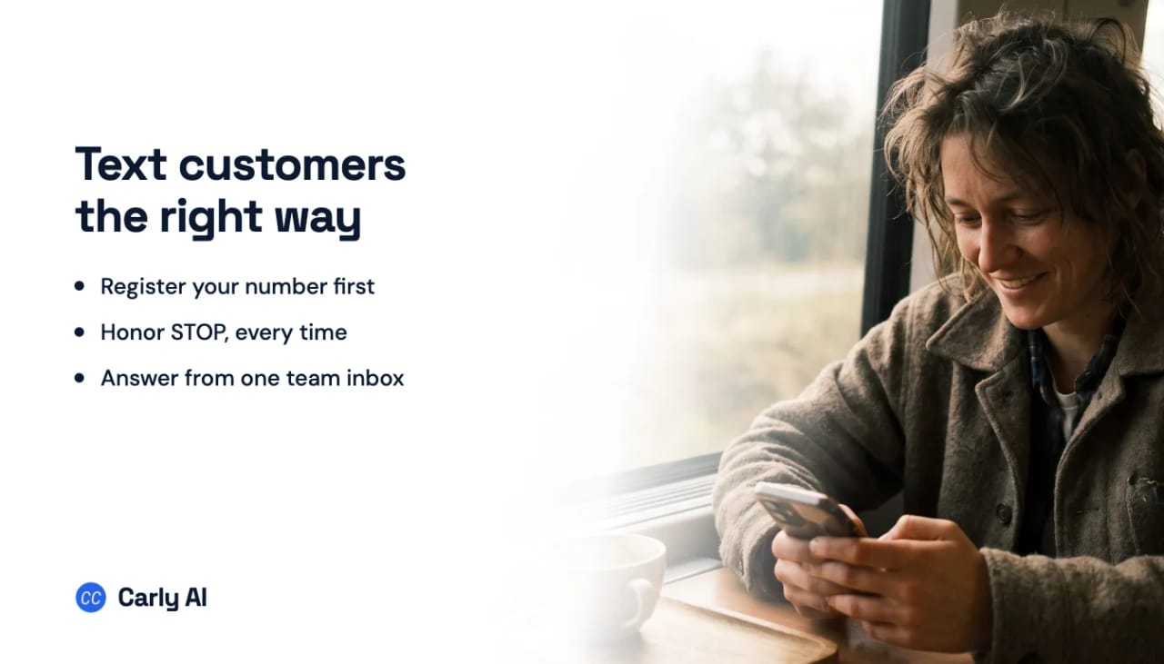 Someone smiling at a text on a phone by a train window, beside the headline text customers the right way