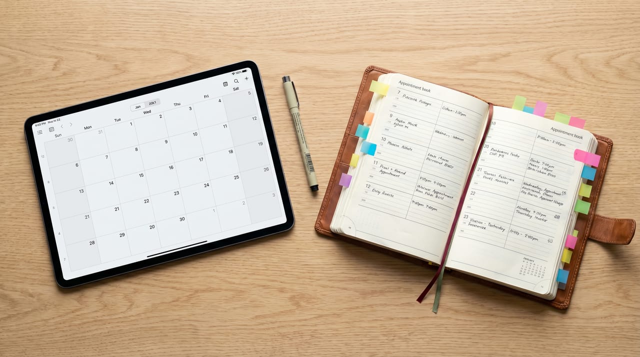 Side-by-side comparison of Calendly and Acuity booking pages with business-fit checklist between the two interfaces