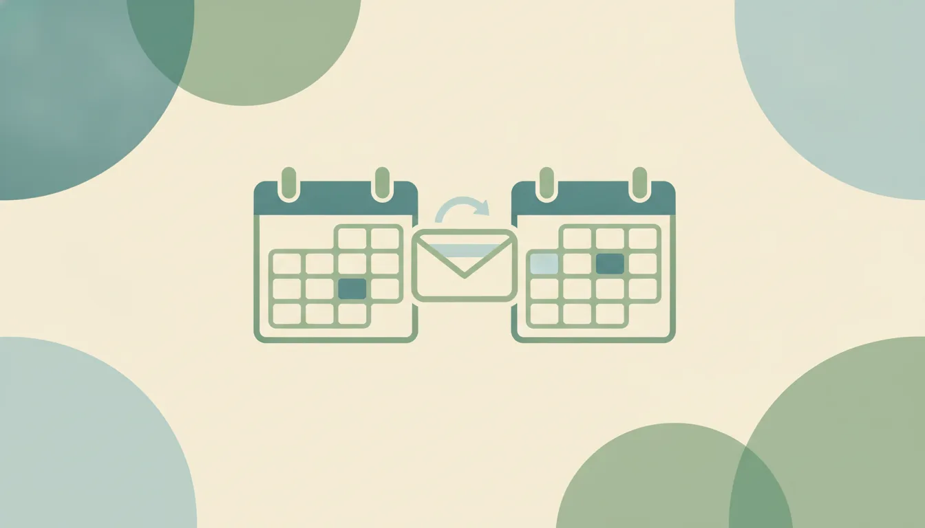 Two calendar grids in muted green on a cream background, with an envelope between them and an arrow passing from one to the other