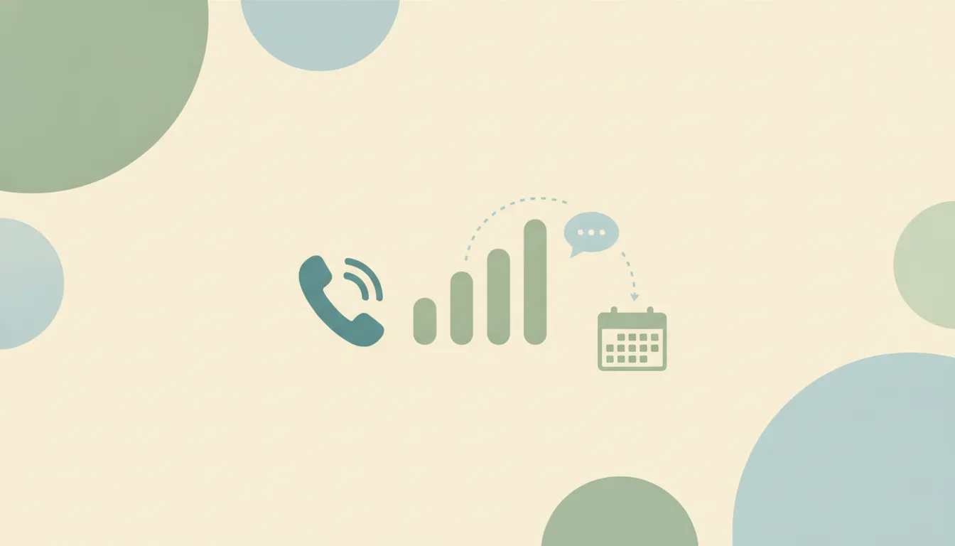 A ringing phone handset beside a simple bar chart shape, linked by dotted lines to a chat bubble and a calendar grid over soft layered circles