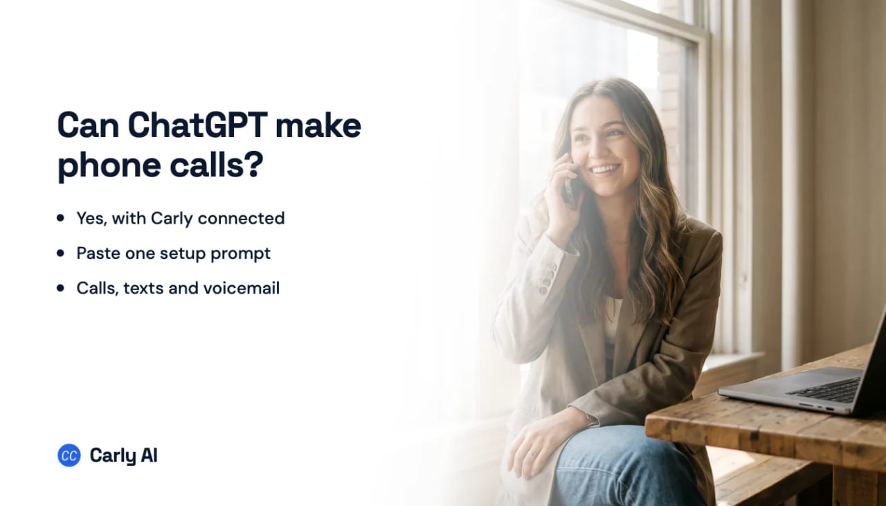 A woman smiling on a phone call by a bright window, beside the headline can ChatGPT make phone calls