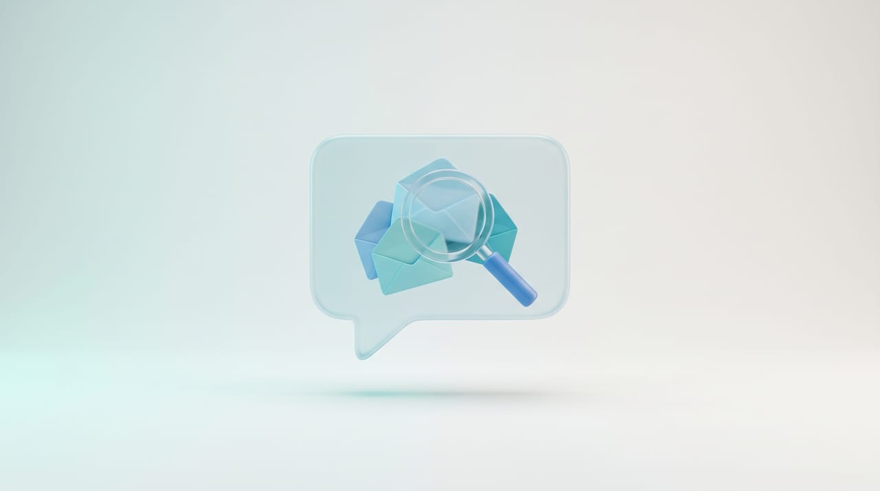 A magnifying glass over opened envelopes inside a chat window, representing ChatGPT reading emails through a connector