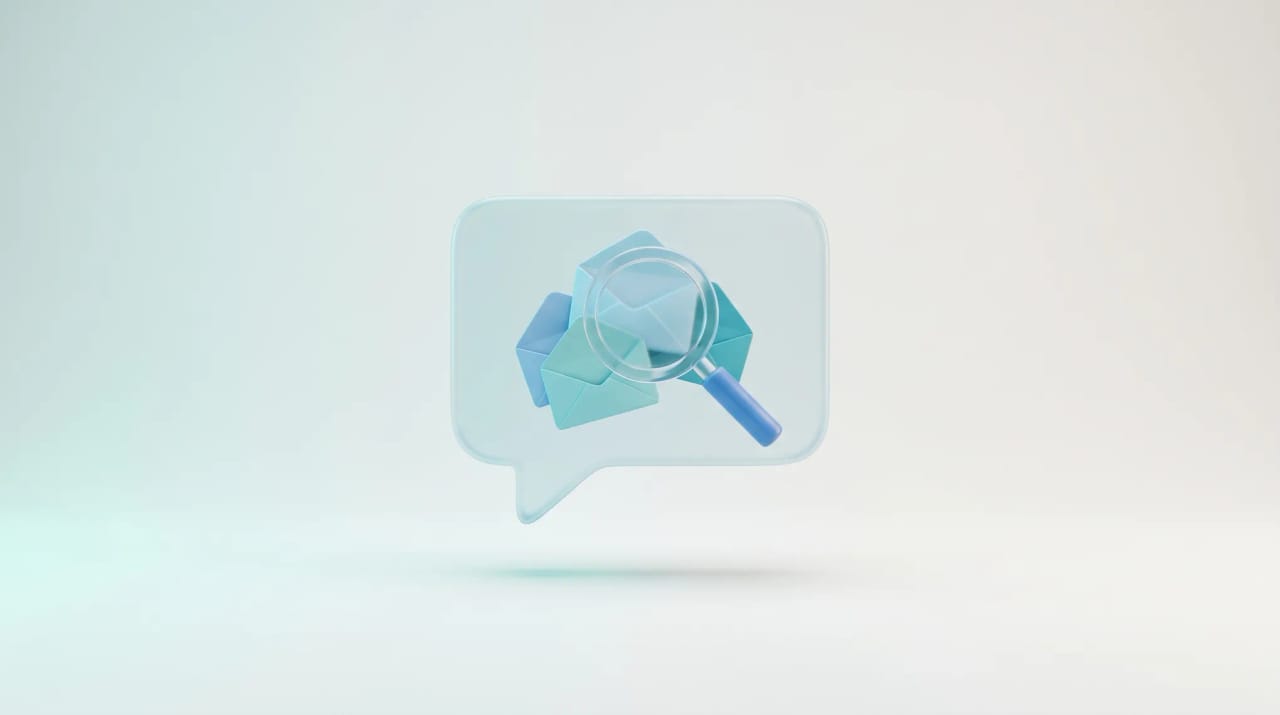 A magnifying glass over opened envelopes inside a chat window, representing ChatGPT reading emails through a connector