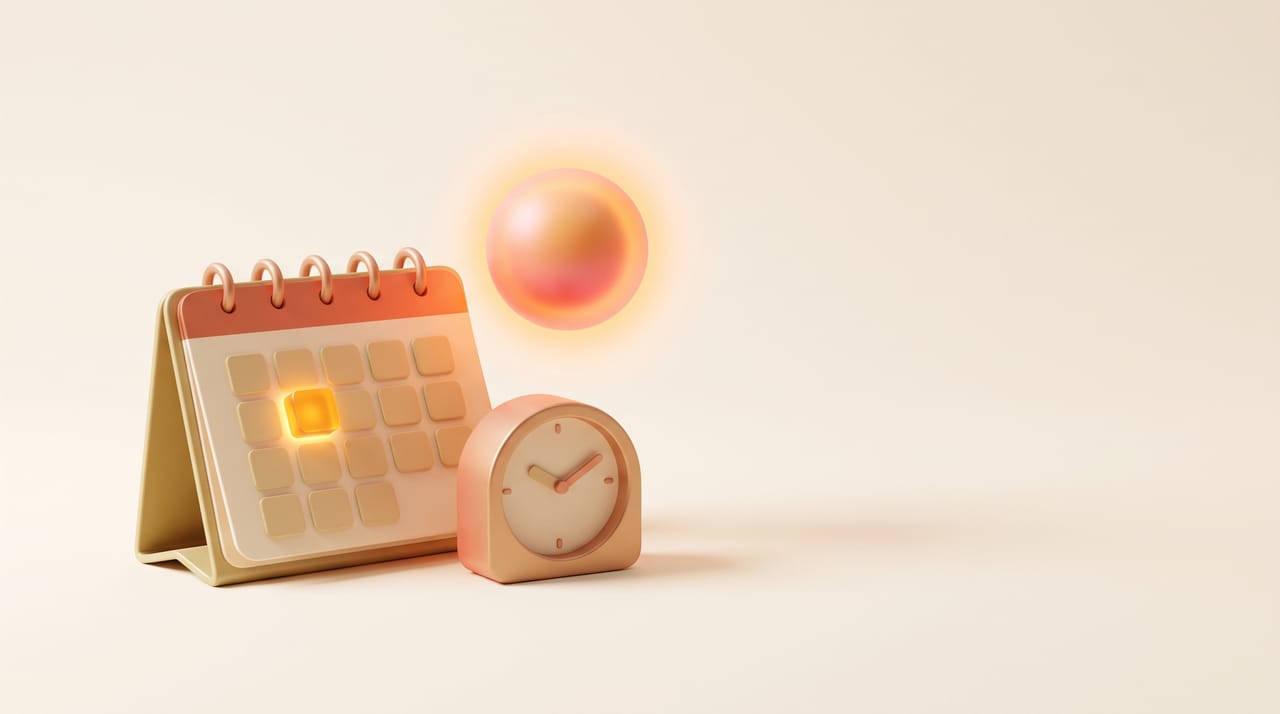 A calendar with a booked slot and a clock beside a glowing assistant orb, representing Claude creating calendar events
