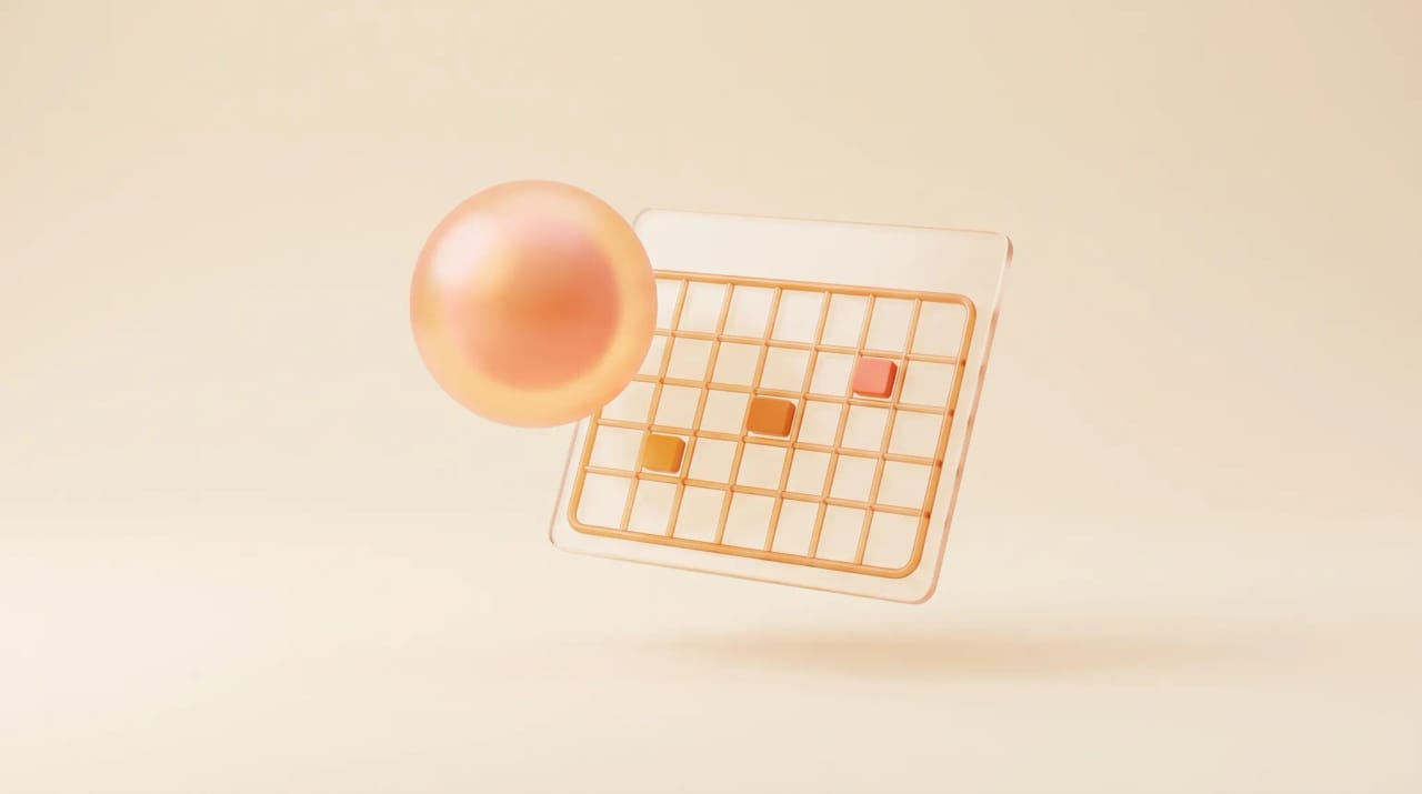 A glowing assistant orb beside a calendar grid with events, representing Claude managing calendar events in a chat
