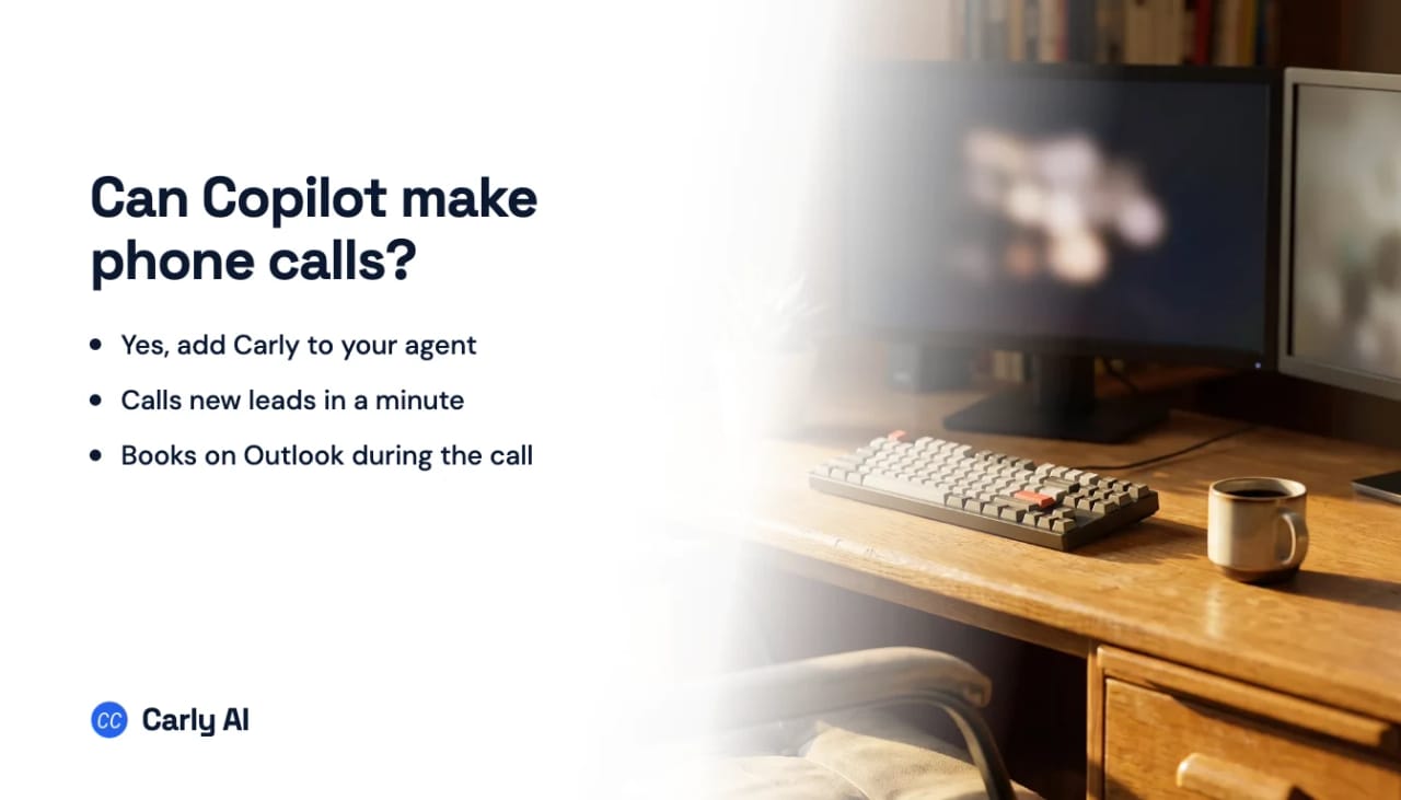 A sunlit wooden desk with two monitors, a keyboard and a mug of coffee, beside the headline can Copilot make phone calls