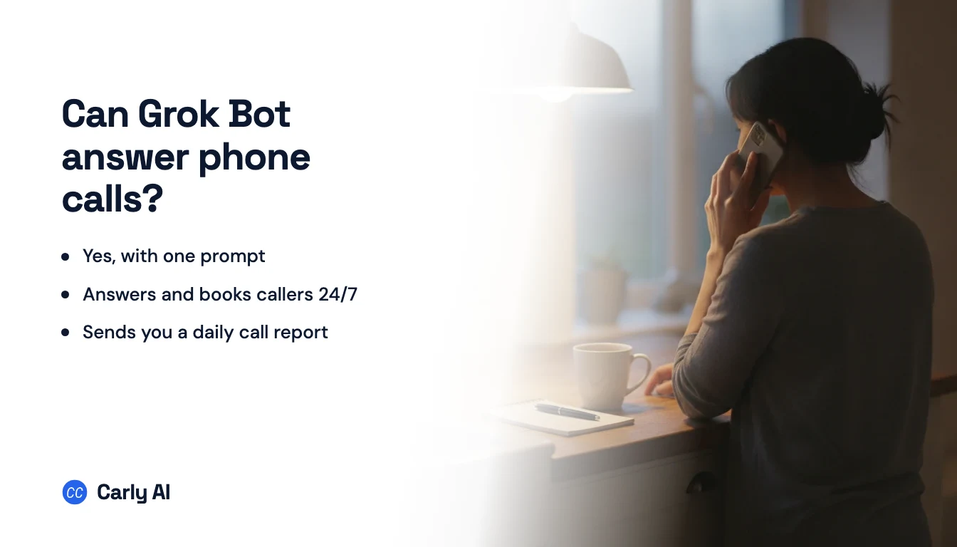 A woman on a phone call at a desk by a window, beside the headline can Grok Bot answer phone calls