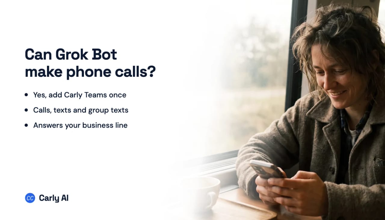 A commuter on a train checking a phone, beside the headline can Grok Bot make phone calls