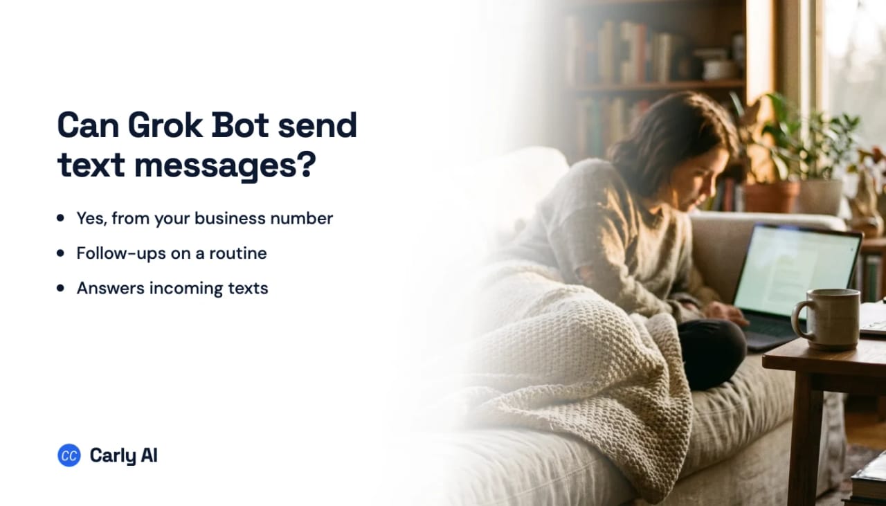 A person on a couch working on a laptop under a blanket, beside the headline can Grok Bot send text messages