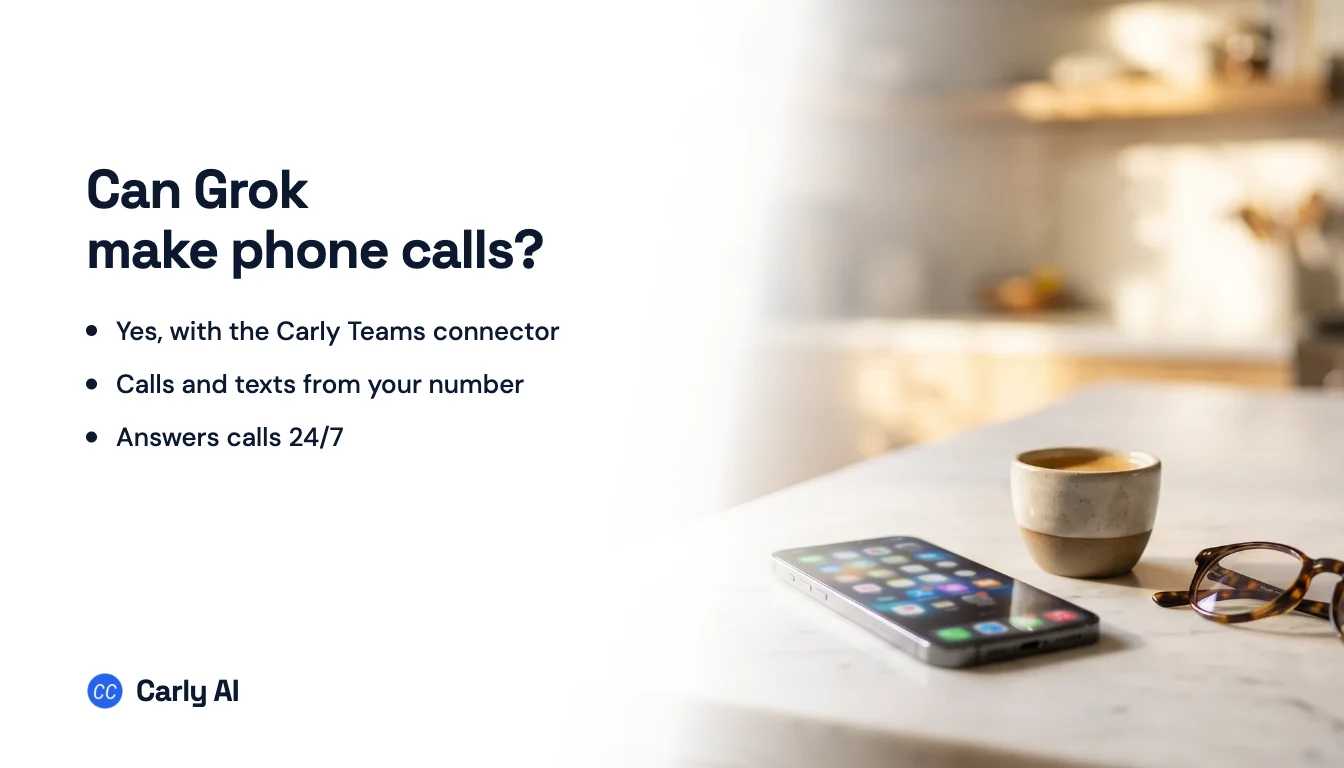 A phone resting on a marble table, beside the headline can Grok make phone calls