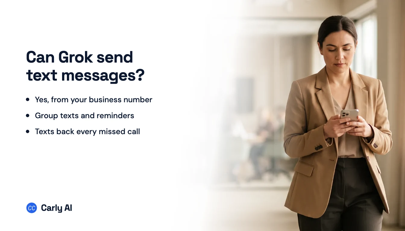 A person walking past an office window while checking a phone, beside the headline can Grok send text messages
