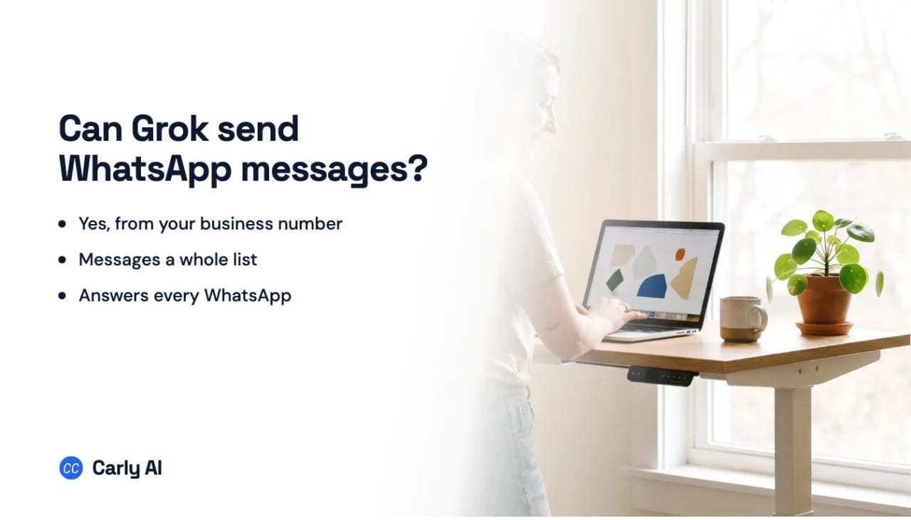 A laptop on a standing desk by a sunny window, beside the headline can Grok send WhatsApp messages