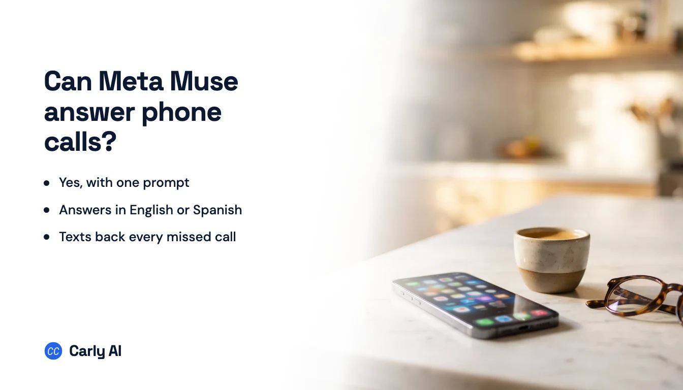 A phone on a marble counter next to a coffee cup and glasses, beside the headline can Meta Muse answer phone calls