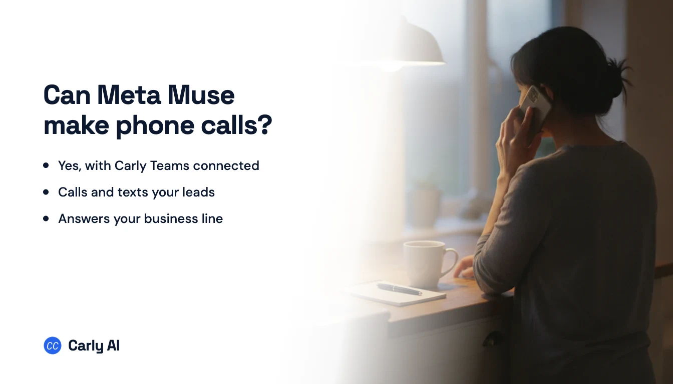A person on a phone call in a kitchen in the evening, beside the headline can Meta Muse make phone calls