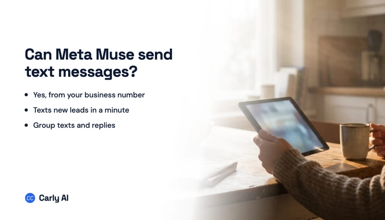 A person holding a tablet at a kitchen table with a mug of coffee, beside the headline can Meta Muse send text messages