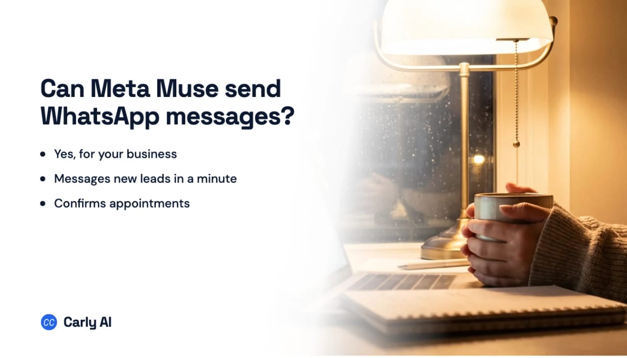 A person holding a mug at a desk under a lamp in the evening, beside the headline can Meta Muse send WhatsApp messages