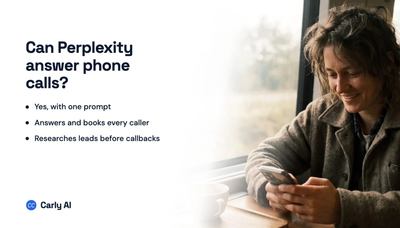 A woman smiling at her phone by a train window, beside the headline can Perplexity answer phone calls