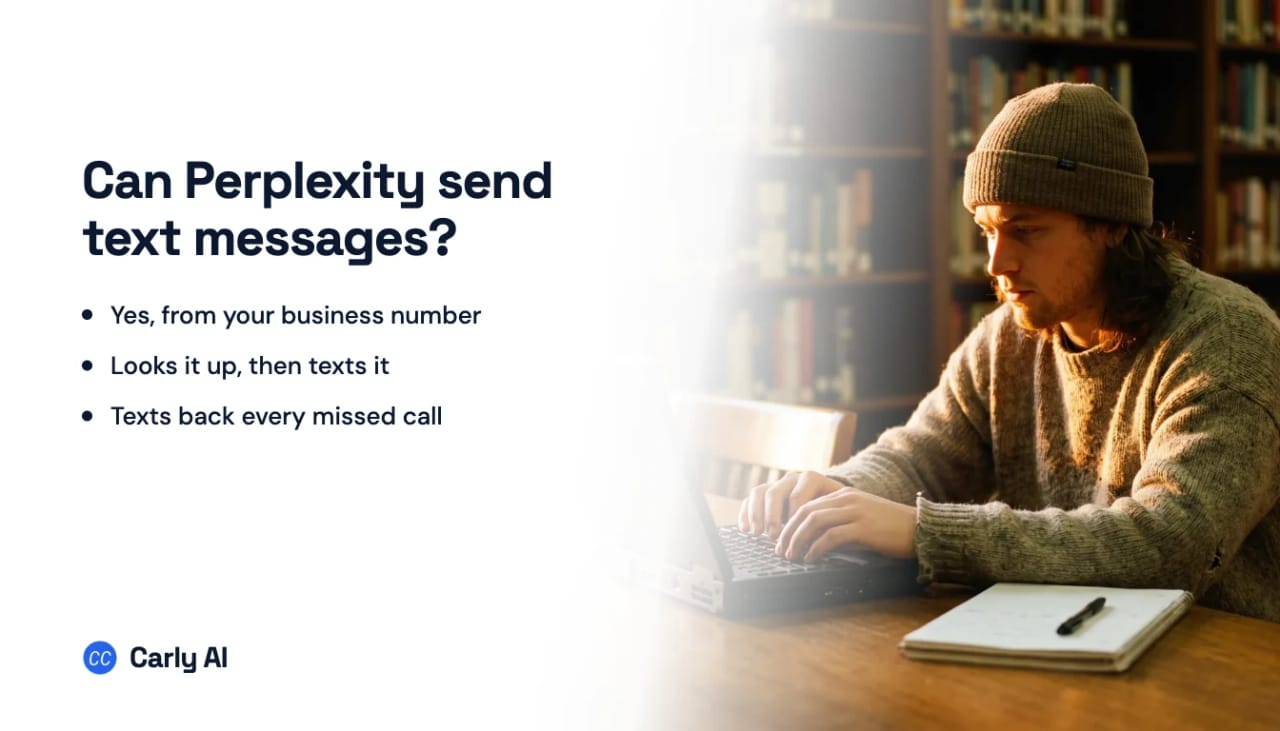 A man in a knit hat typing on a laptop in a library, beside the headline can Perplexity send text messages